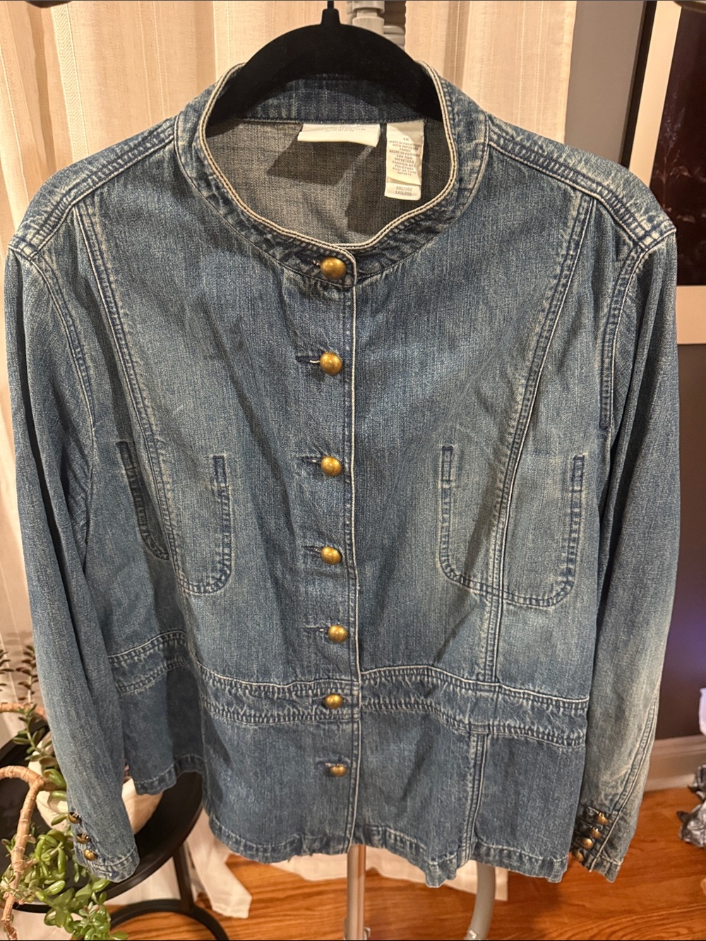 Women's Blue Denim Button-Front Jacket with Stand Collar